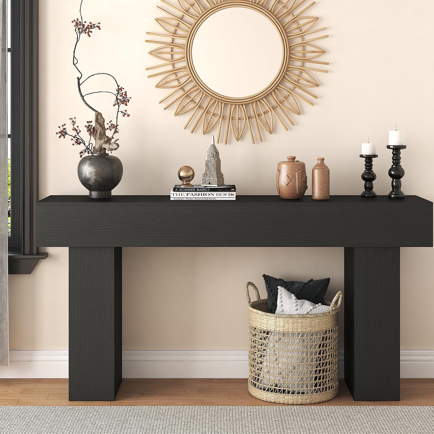 63 Inch Long Console Table for Entryway, Farmhouse Wood Rectangular Sofa Table Behind Couch Table, Narrow Entryway Table for Living Room, Entrance, Hallway, Foyer, Easy Assembly (Charcoal Black)