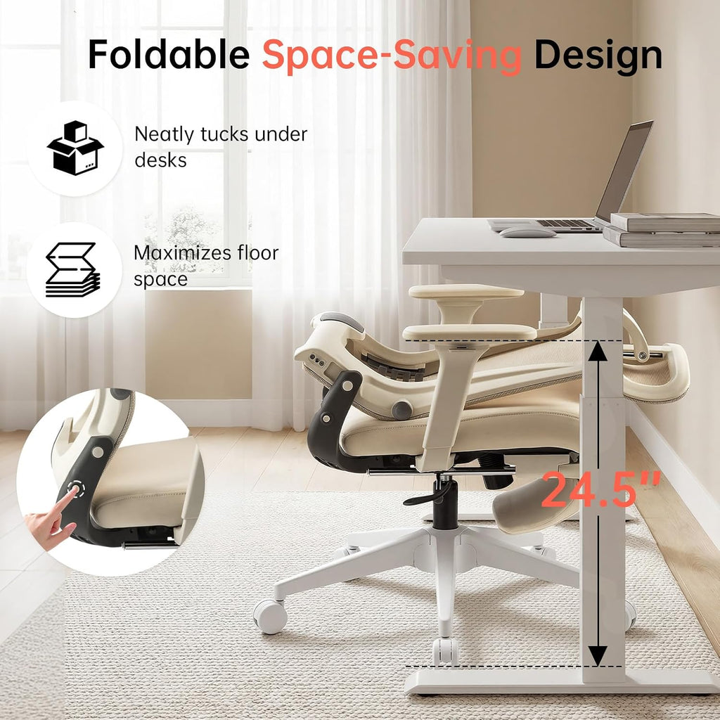 Foldable Office Chair with Foot Rest, Ergonomic Office Chair with Adjustable Lumbar Support, Headrest, Armrest, Home Office Desk Chair for Space Saving, Work from Home, Cream