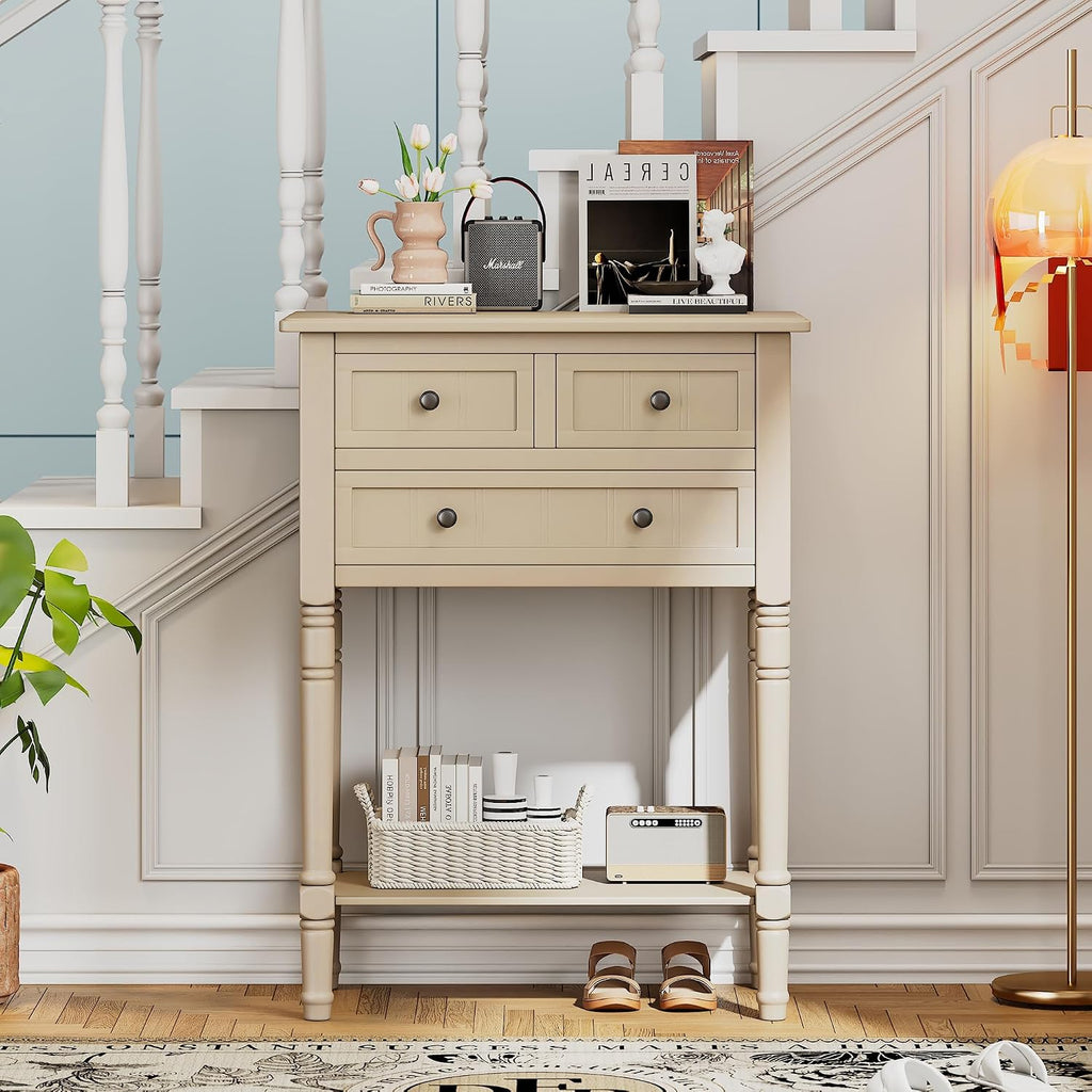 Merax Slim Console Table, Elegant Entryway Table with Three Storage Drawers and Bottom Shelf for Hallway and Living Room (Beige)