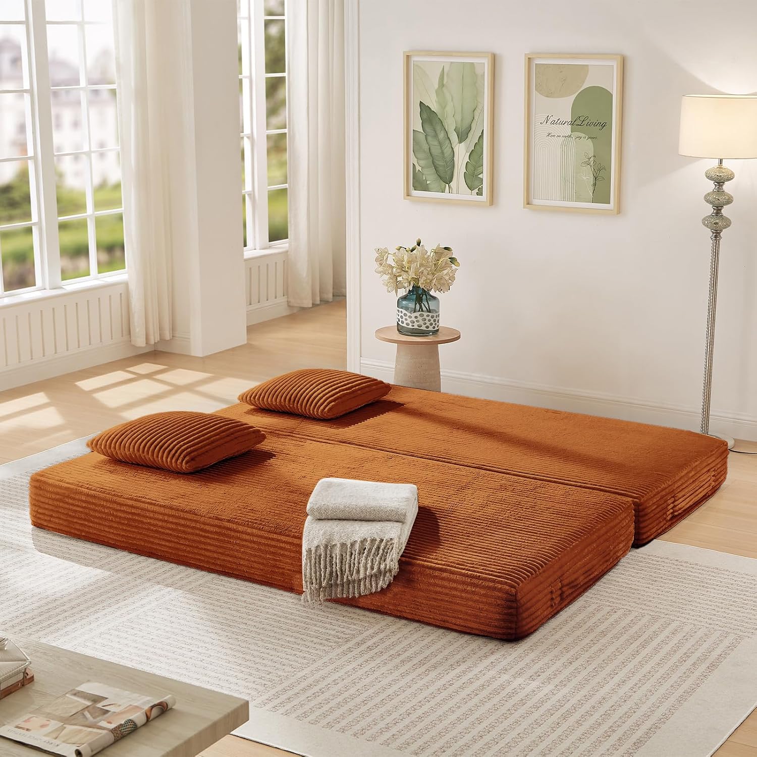 Antetek Modular Couch Bed, Convertible Folding Plush Corduroy Comfy Floor Compression Loveseat Sleeper Sofa Couch, King Size Bed for Guest Room Living Room Bedroom, No Assembly Required, Orange