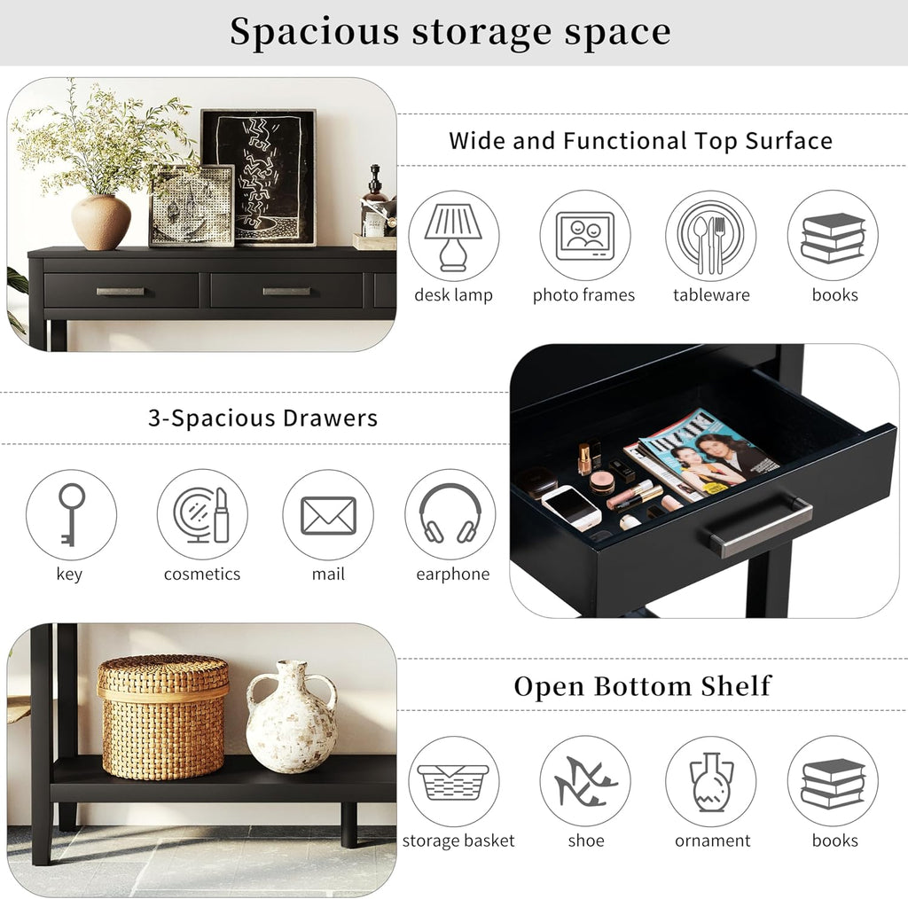 Merax Entryway Console Table, with 3 Storage Drawers, Bottom Shelf Design/Wood Frame/Behind Couch & Sofa, Black