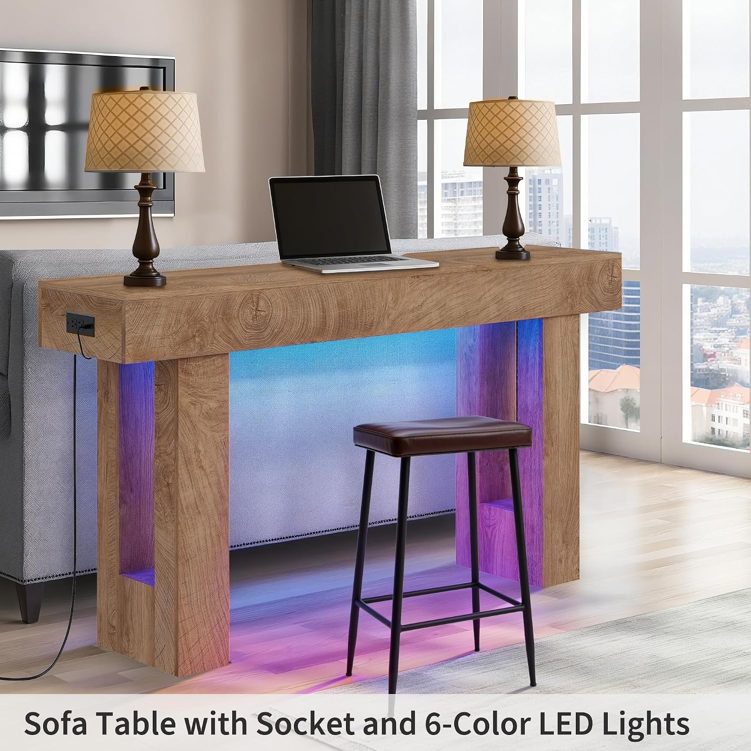 63-Inch Long Console Table with Colorful LED Lights, Wooden Rectangular Sofa Table with Charging Station & 6-Color Multi-Functional Light, Accent Tables for Hallway, Entrance, Foyer