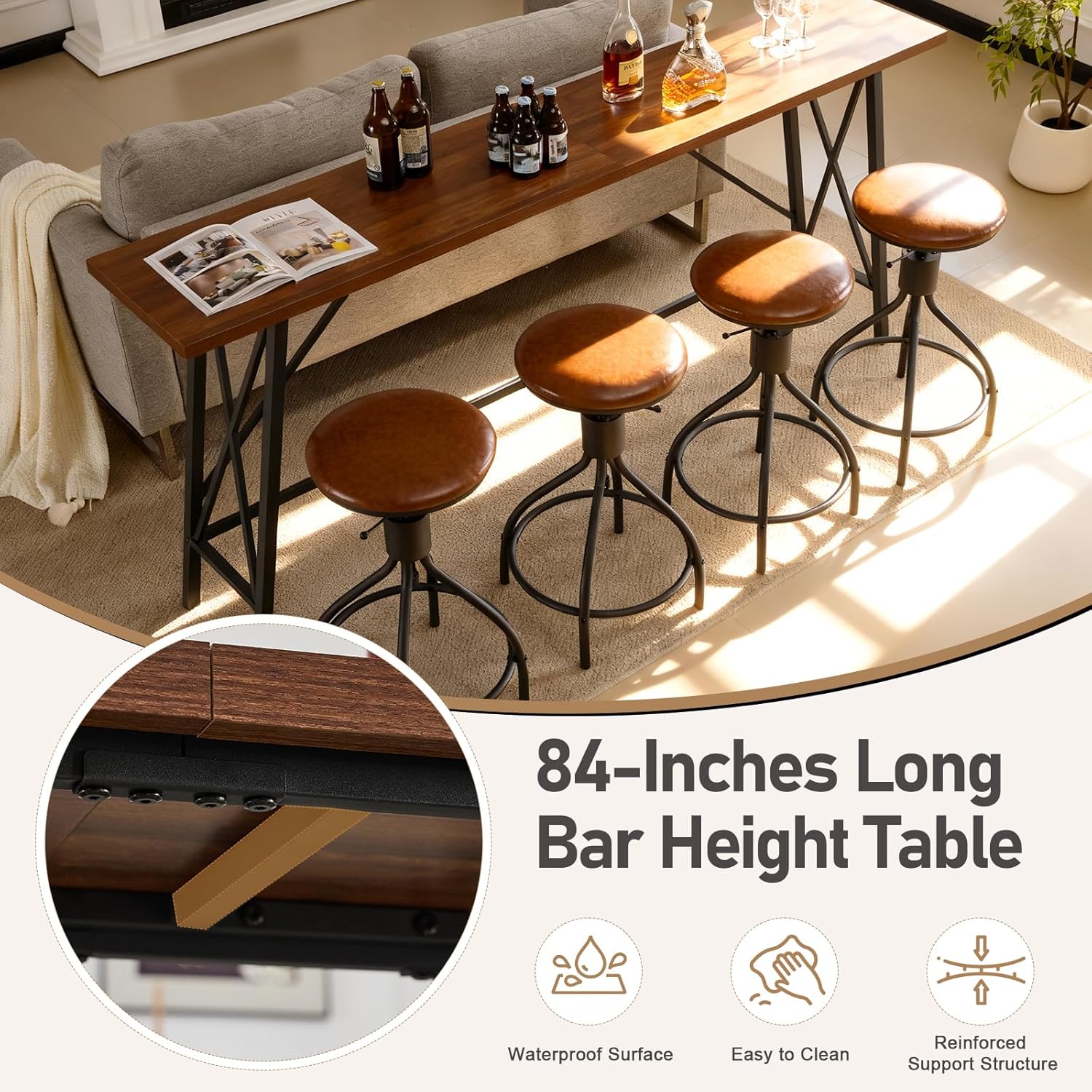 Karl home 83.8' Bar Table and Chairs Set, Sofa Table with 4 PU Stools, High Top Counter Height Table with Chairs for Kitchen Breakfast, Bistro, Dining Room, Living Room, Brown