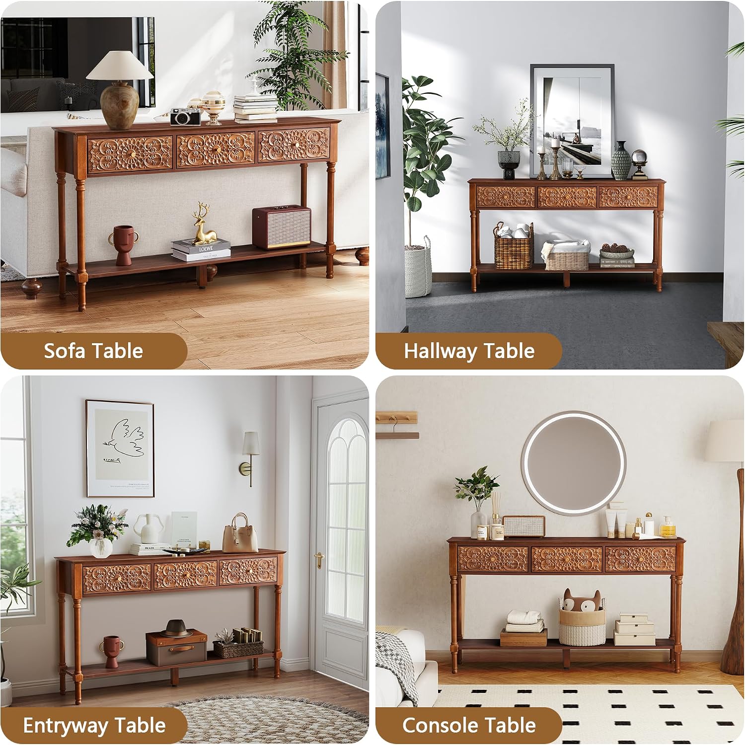 weselon 55.5' Carved Console Table with 3 Drawers, 2-Tier Sofa Table with Glossy Floral Surface and Solid Wood Legs, Mid-Century Modern Entryway Table for Living Room Hallway (Walnut)