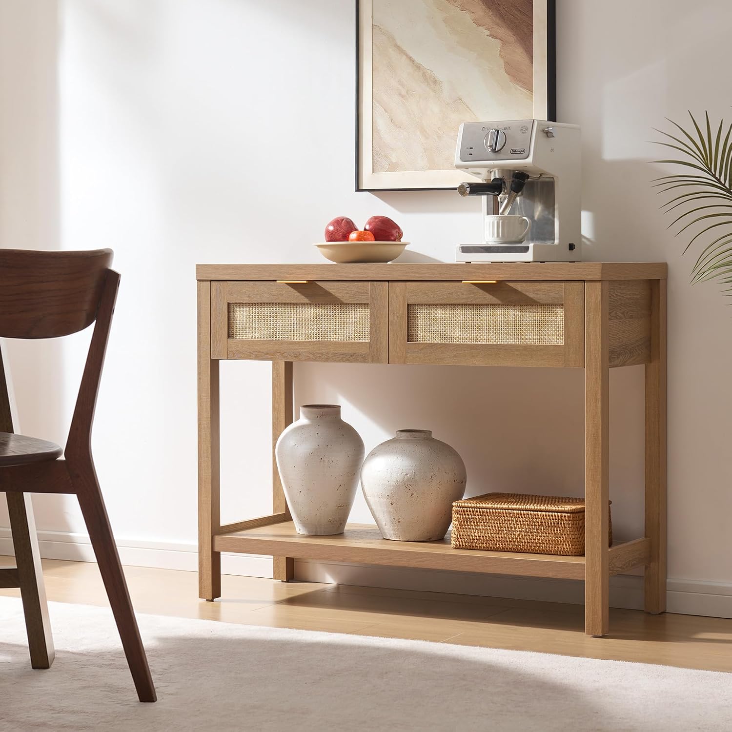 SICOTAS Console Table with Rattan Drawers - Boho Rattan Entryway Table with Storage, Small Console Tables for Entryway, Entry Tables for Hallway