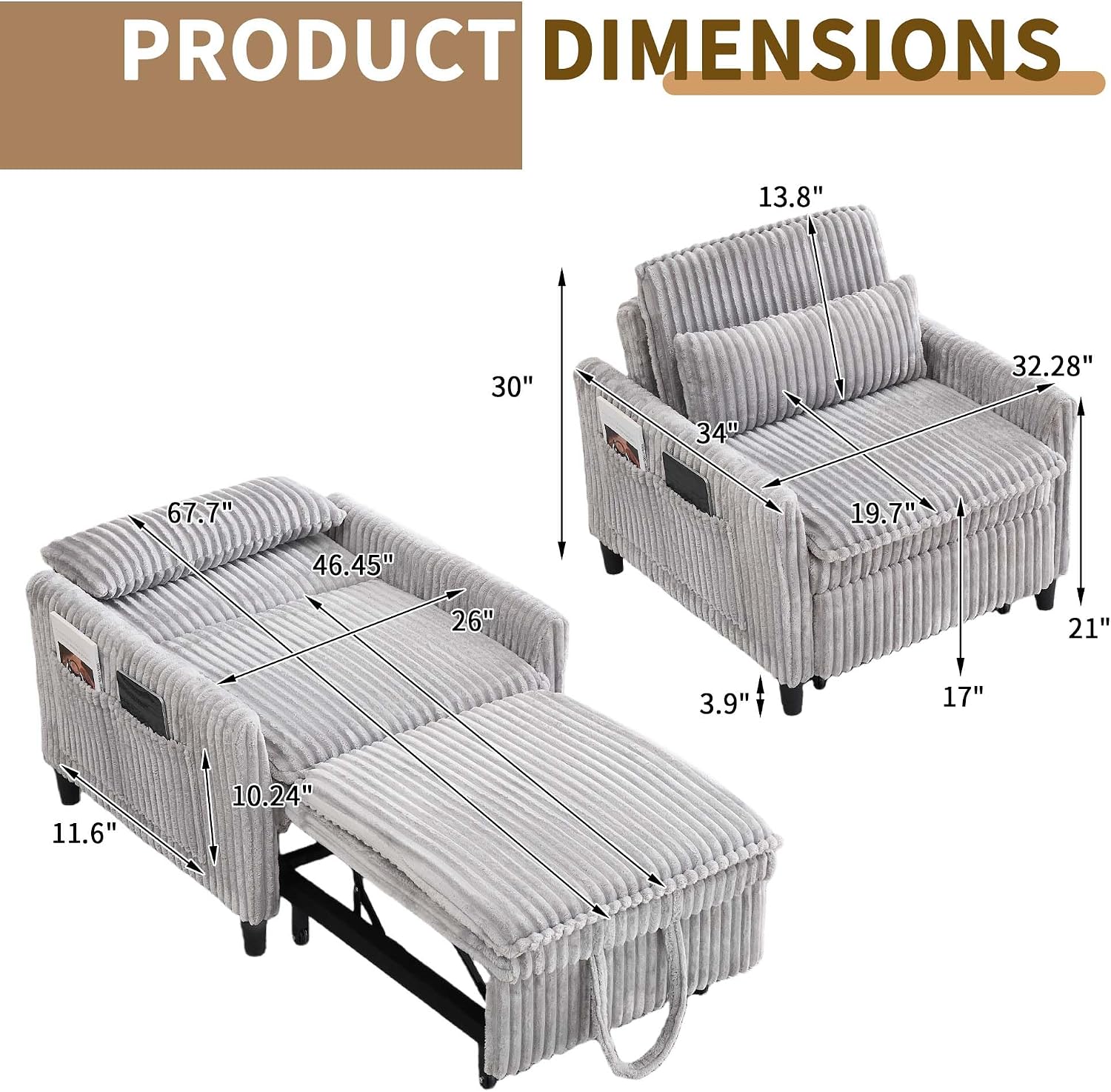 Majnesvon Modern Corduroy Fabric Sofa Bed Futon,3 in 1 Convertible Pullout Bed Sleeper Couches with 3 Reclining Backrests,Small Sofa Chair Bed for Living Room Bedroom (Light Grey)