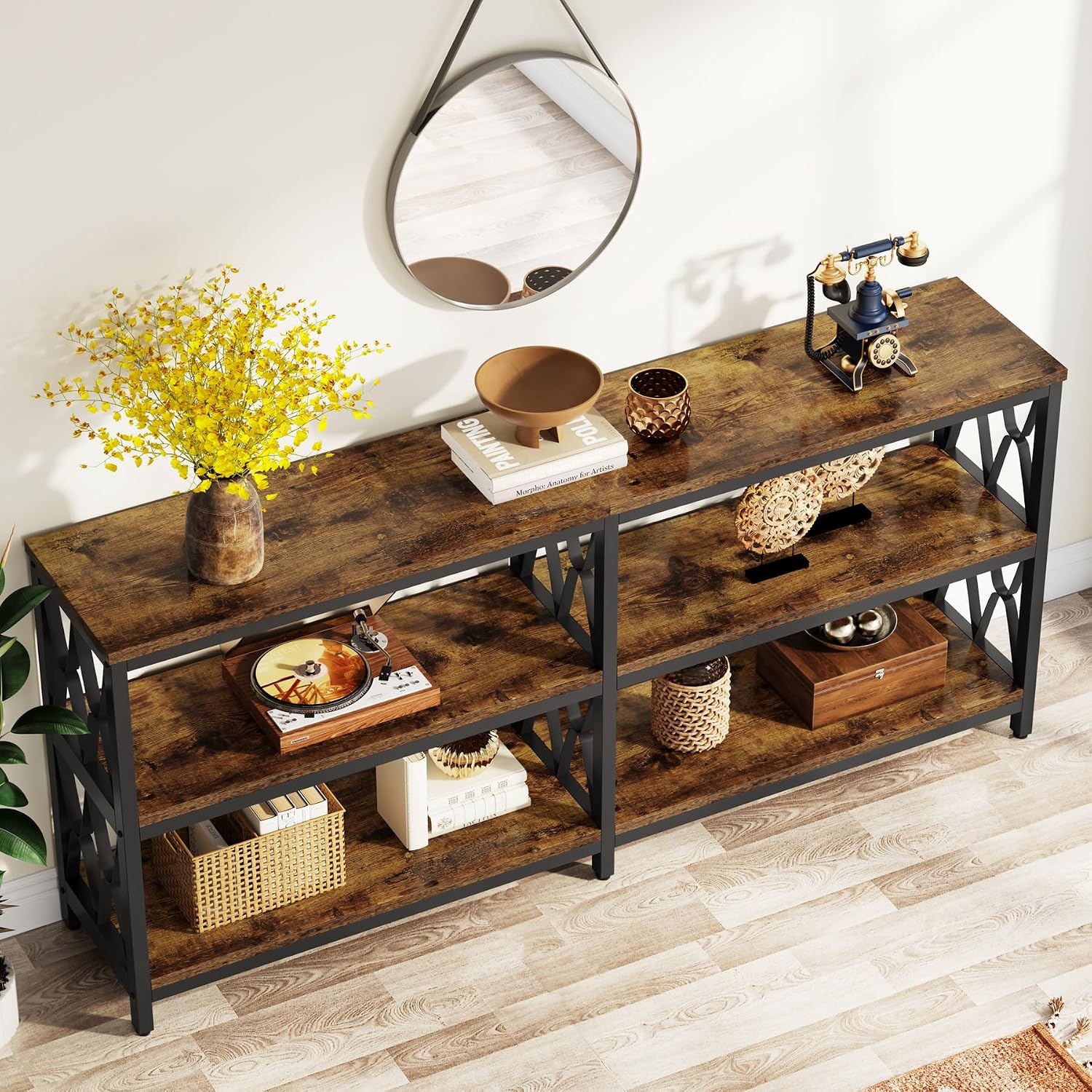 LITTLE TREE Console Table with Storage Shelves, 70.9' Industrial 3-Tier Sofa Table for Living Room, Long Foyer Table Entryway Table for Hallway, Front Door, Entrance, Rustic Brown & Black