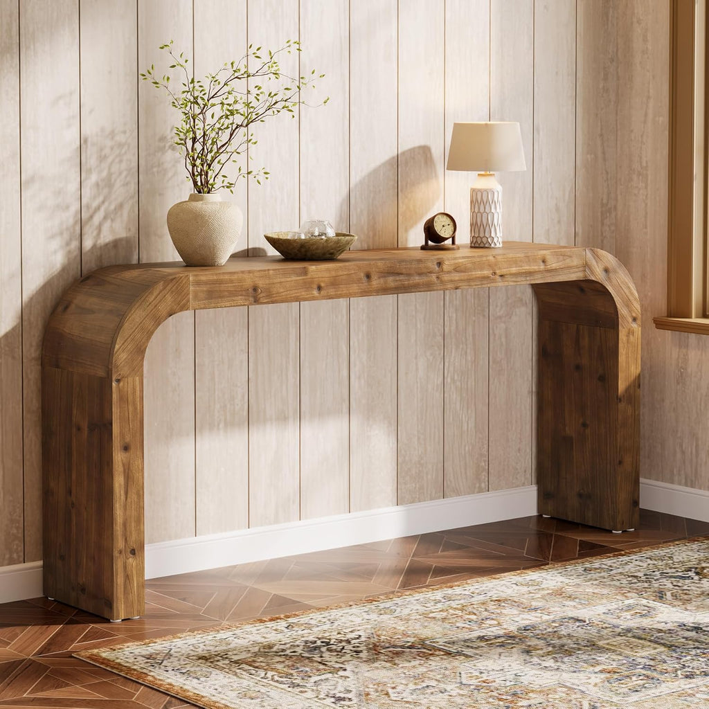 Solid Wood Console Table, 70.87-Inch Farmhouse Sofa Table with Waterfall Curved Corners for Hallway, Living Room, Behind Couch, Entrance (Natural Wood)