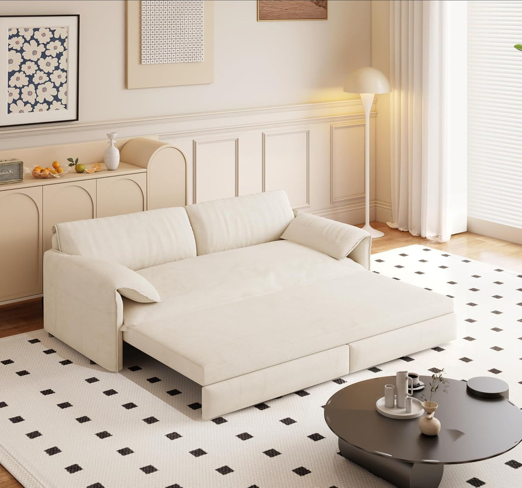66'' Velvet Queen Size Pull Out Sofa Bed, 3-in-1 Convertible Loveseat Sleeper Sofa with Armrest for Living Room, Apartment, Space Saving, Beige