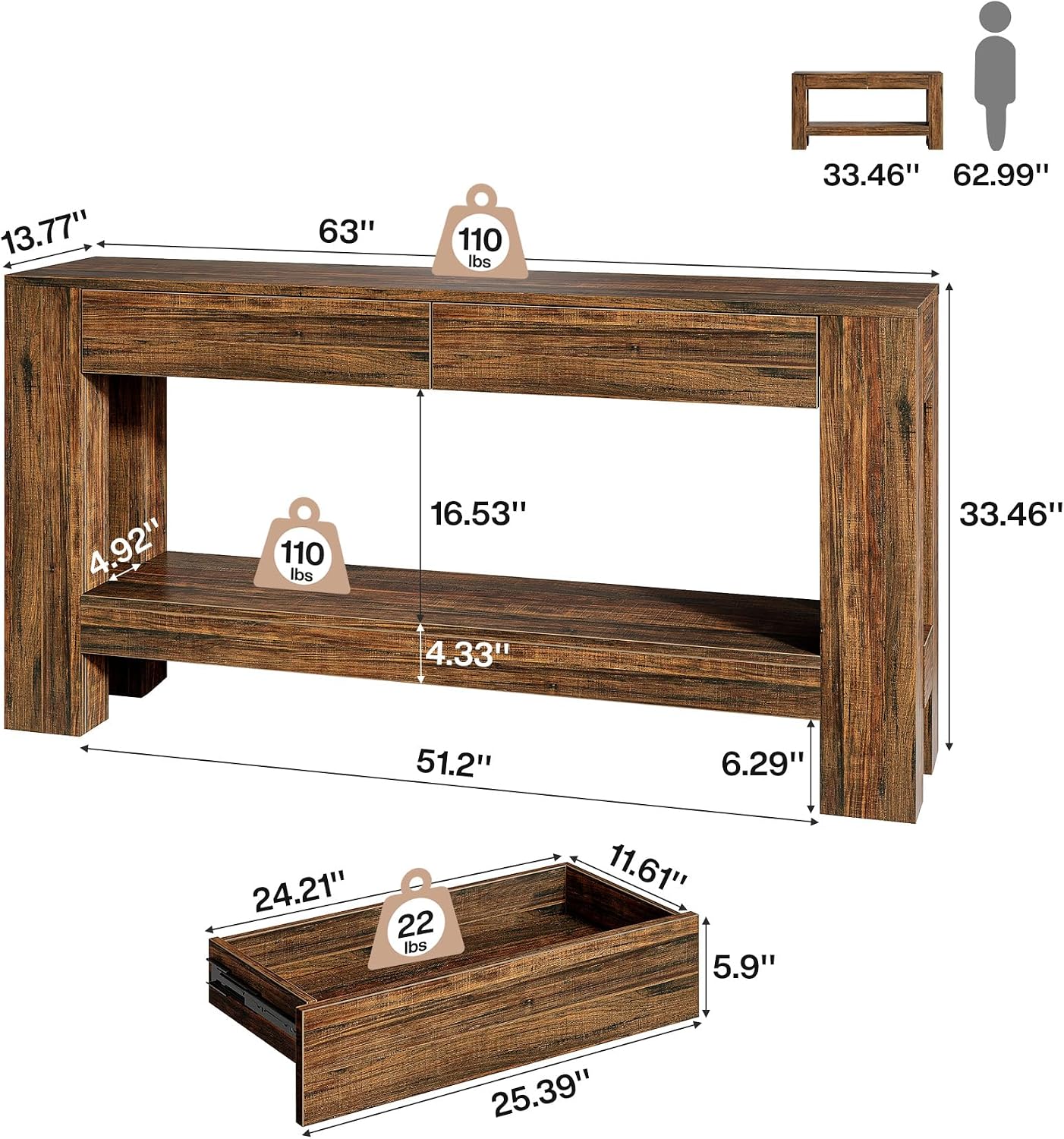 Tribesigns 63-Inch Console Table with 2 Drawers, 2-Tier Wooden Sofa Table Behind Couch, Farmhouse Entryway Console with Storage Shelf for Living Room, Entrance, Hallway (Dark Brown)