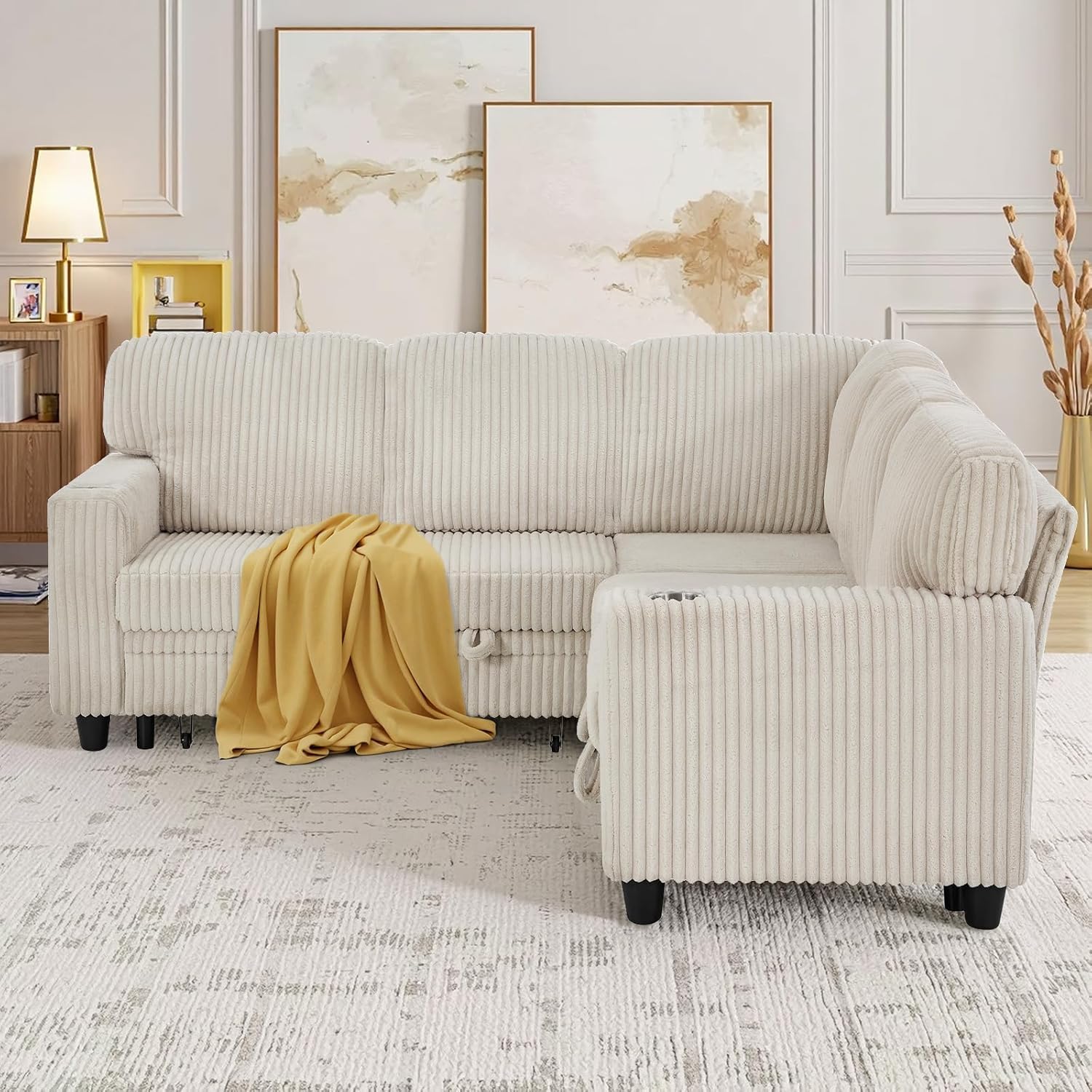 81' Modular Sectional Sofa, L Shaped 5-Seater Sleeper Sofa with Pull Out Bed, Hidden Storage, Cup Holders & USB Charging Ports, Sectional Couches for Living Room, Corduroy, Beige
