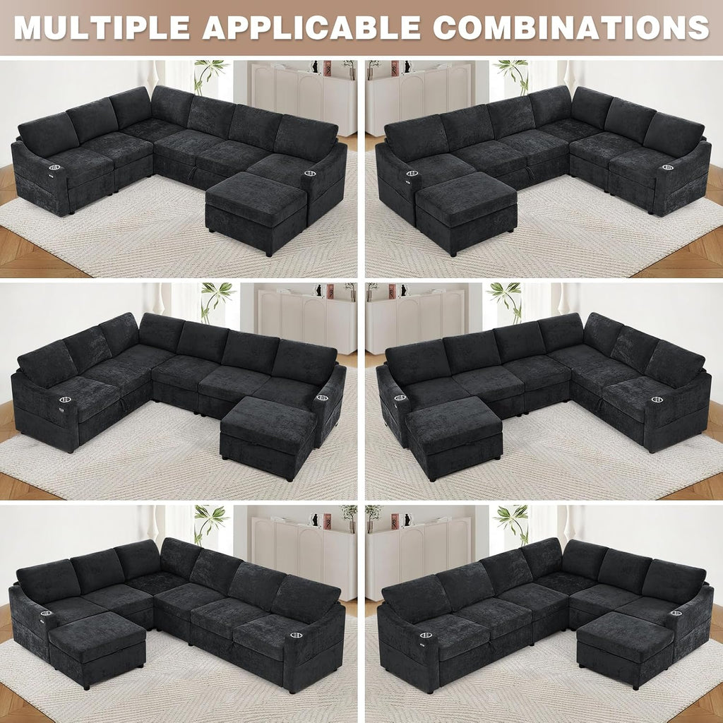 116' Chenille Modular Sofa Bed w/Adjustable Backrests, U-Shape Sleeper Sofa w/USB Ports & Storage Space, Convertible Corner Sectional Couch w/Pull Out Bed for House, Living Room, Black