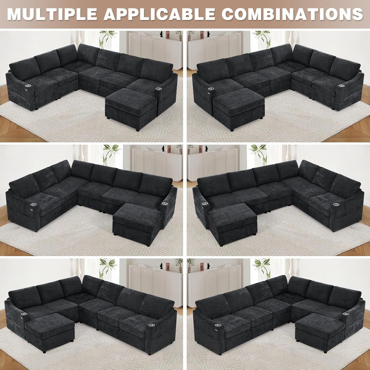 116' Chenille Modular Sofa Bed w/Adjustable Backrests, U-Shape Sleeper Sofa w/USB Ports & Storage Space, Convertible Corner Sectional Couch w/Pull Out Bed for House, Living Room, Black