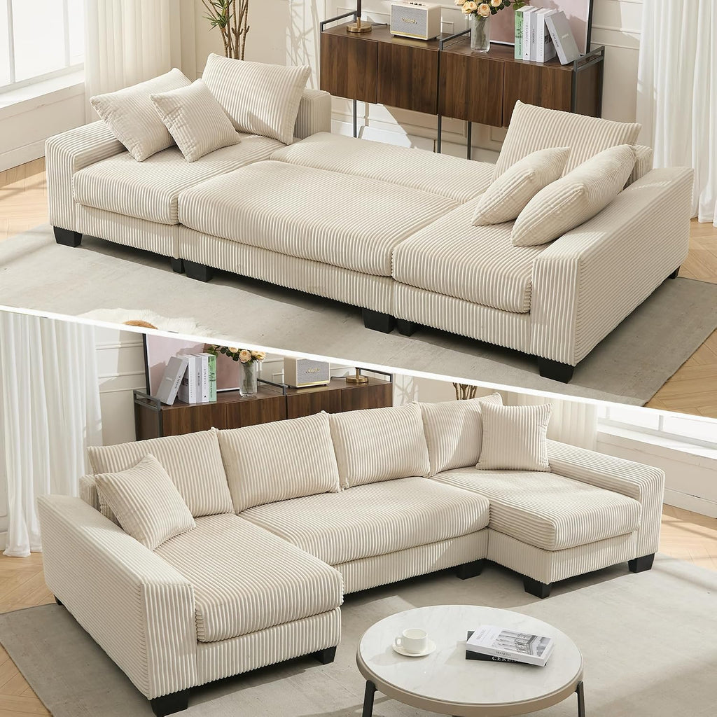 114' Sectional Couches with Pull Out Bed for Living Room, Oversized 2 in 1 Sectional Sleeper Sofa Comfy, Modern Upholstery 4 Seat U Shaped Couches with Double Chaise for Apartment, Beige