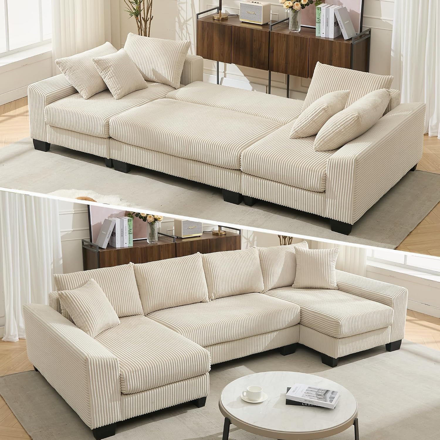 114' Sectional Couches with Pull Out Bed for Living Room, Oversized 2 in 1 Sectional Sleeper Sofa Comfy, Modern Upholstery 4 Seat U Shaped Couches with Double Chaise for Apartment, Beige