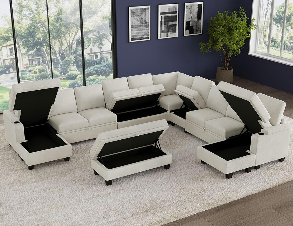 Belffin Oversized U Shaped Modular Sectional Sleeper Sofa with Large Ottoman Convertible Double Chaise Corner Couch with Pull Out Bed. White Sofa