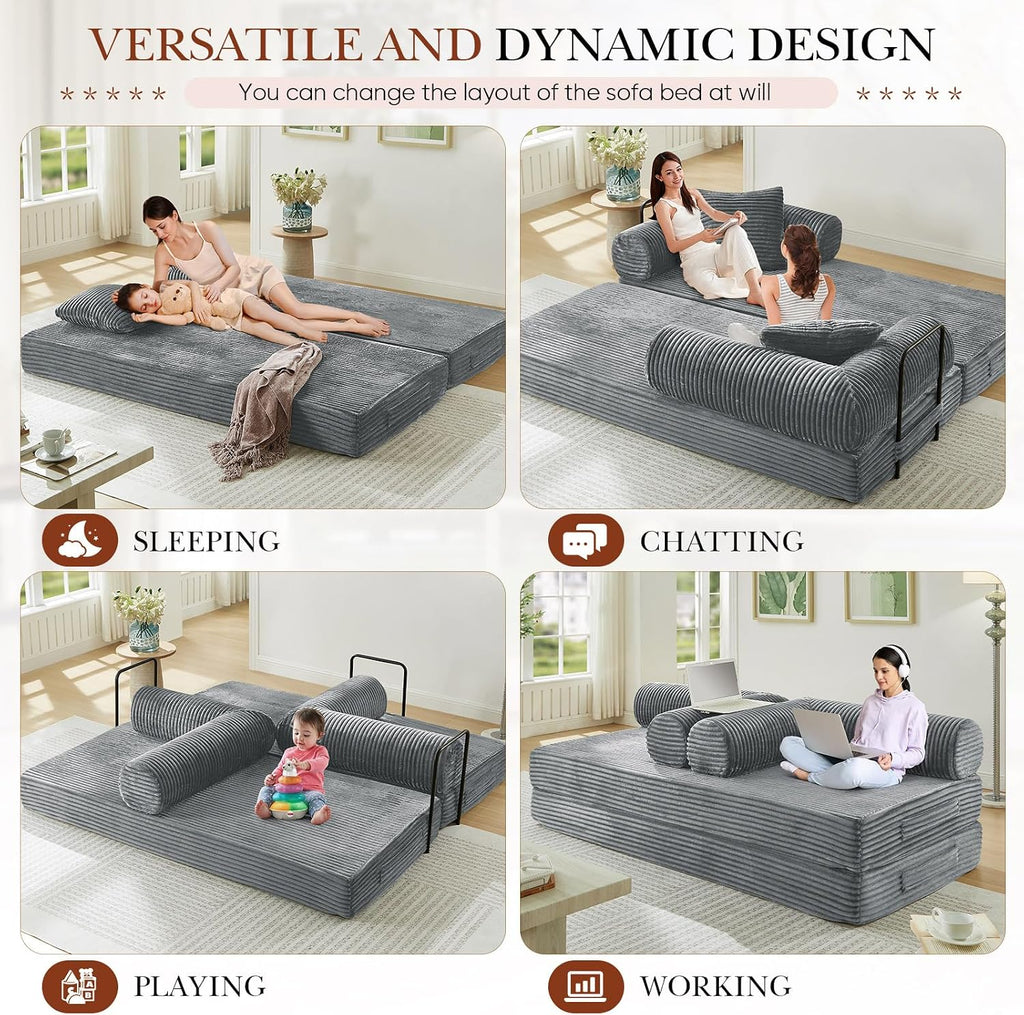 Antetek Modular Couch Bed, Convertible Folding Plush Corduroy Comfy Floor Compression Loveseat Sleeper Sofa Couch, King Size Bed for Guest Room Living Room Bedroom, No Assembly Required, Light Grey