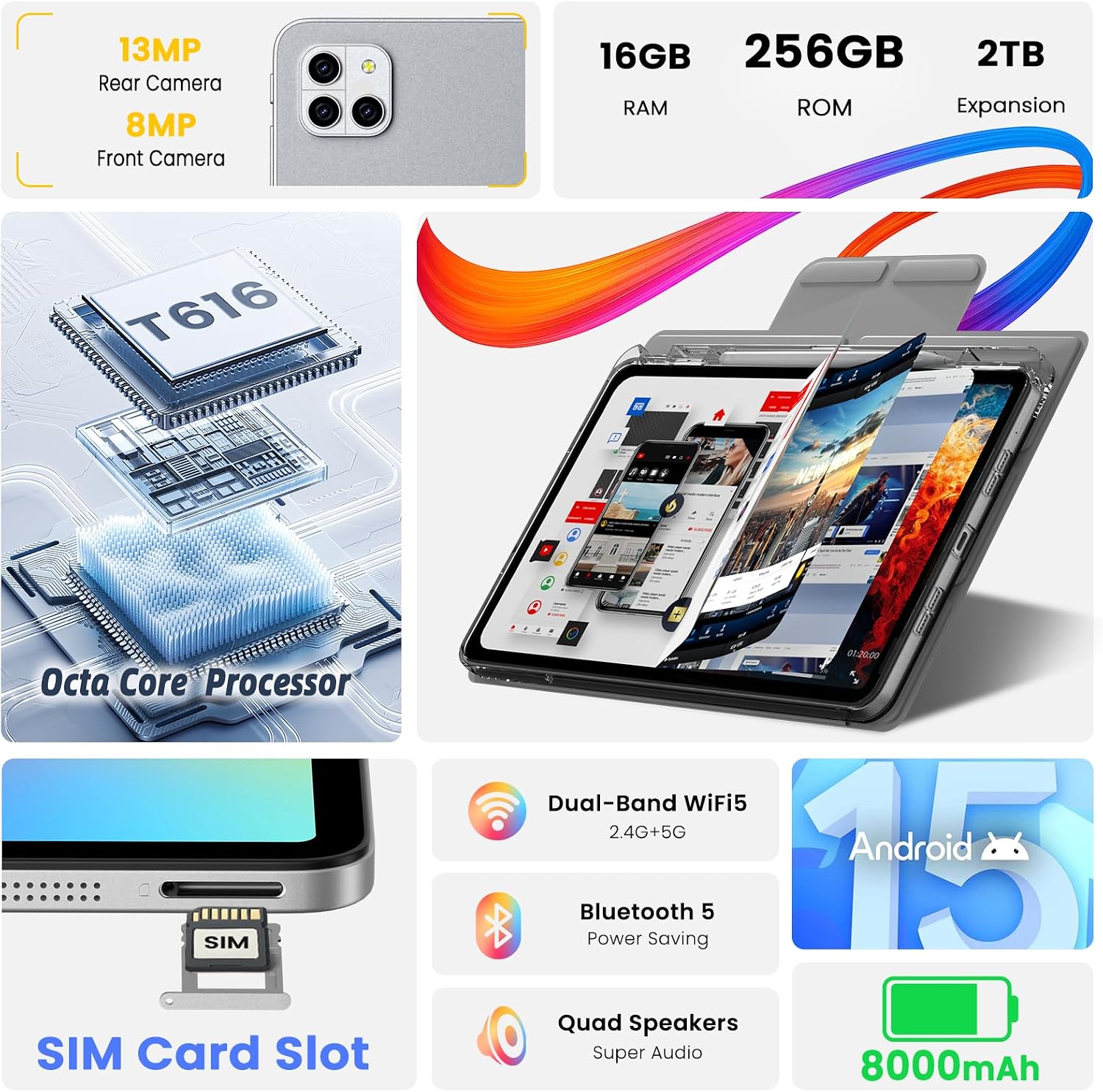 Android Tablet, Stylus & Flip Case Included, 12″ 2000×1200 FHD IPS Eye-Protection Display, Drawing & Note-Taking, 16GB RAM 256GB Storage, Octa-Core Processor, 8000mAh Battery – Gift for Students