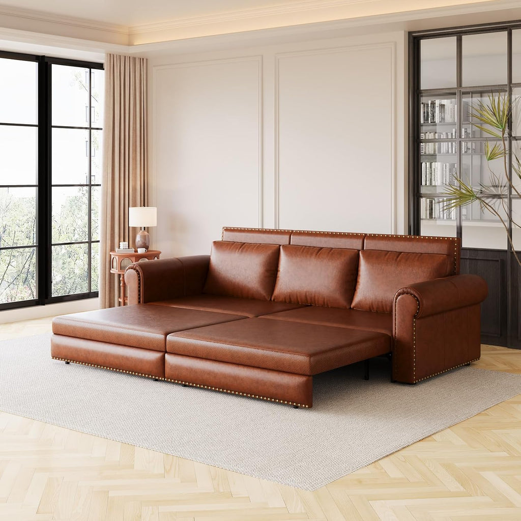 Faux Leather Sleeper Sofa Couch with Pullout Bed, 93.7' King Size Sleeper Sofa Bed, 3 in 1 Convertible Sofa Bed with Nailhead Trim & Rolled Arm for Living Room Bedroom Office (Light Brown)