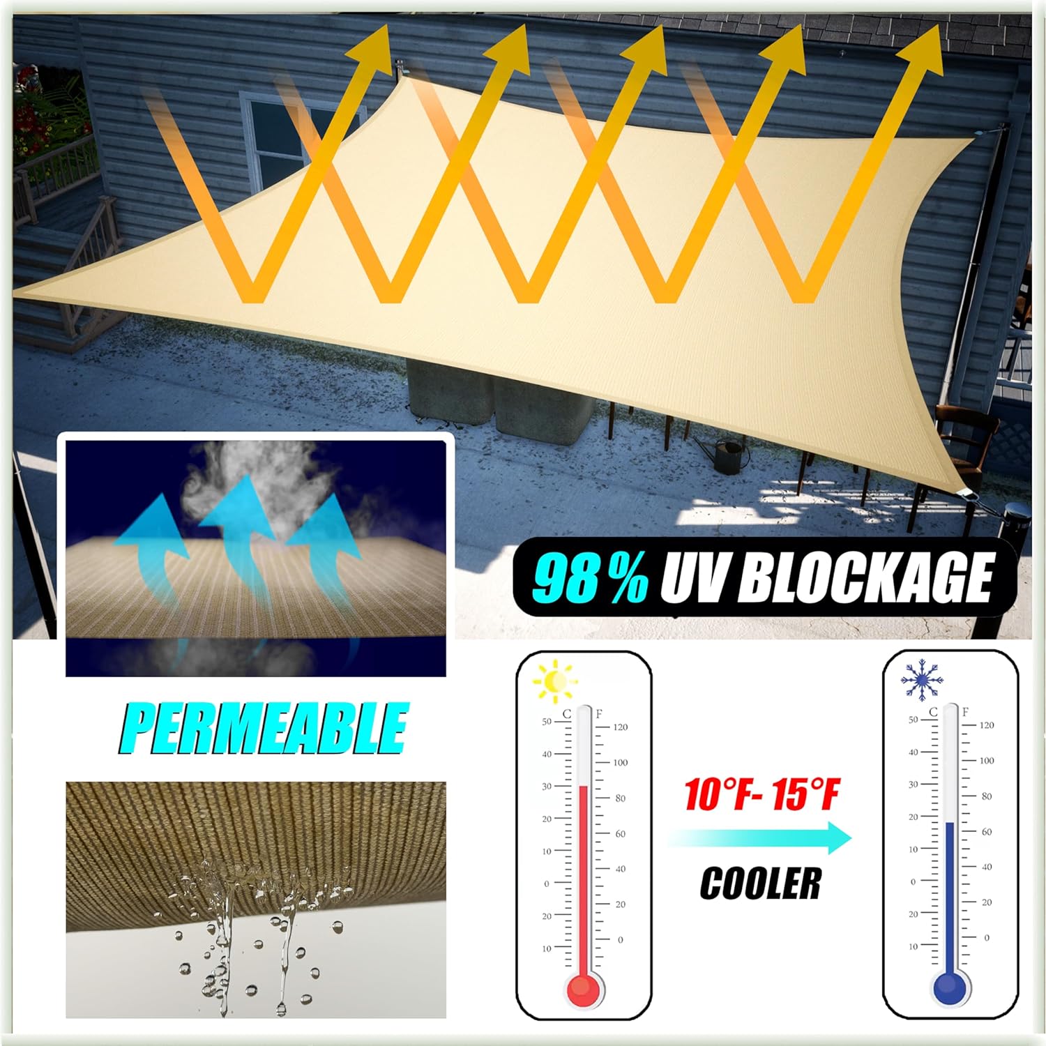 Amgo Custom Size 14' x 20' Beige Rectangle Square Sun Shade Sail UPF50+ AGTAPS10, Order to Make Canopy Awning, 95% UV Blockage, Water & Air Permeable, Commercial and Residential (We Customize)