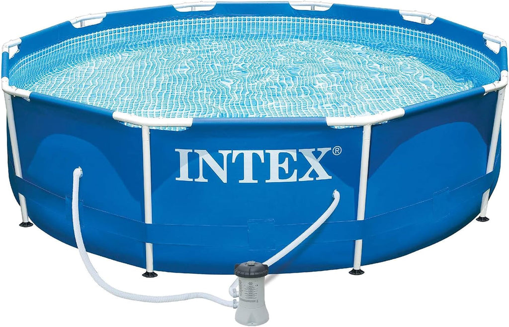 Intex Metal Frame 10ft x 30in Round Above Ground Outdoor Swimming Pool Set with 330 GPH Filter Pump, Cartridge, and Protective Round Pool Cover