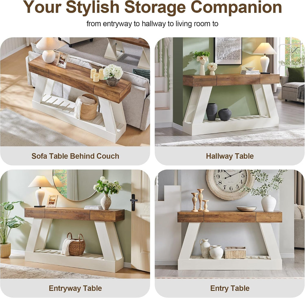 OKD 60' Farmhouse Entryway Table with Drawer, Console Table Behind Sofa, Narrow Long Entryway for Hallway, Living Room, Hallway, Behind Couch(Antique White)