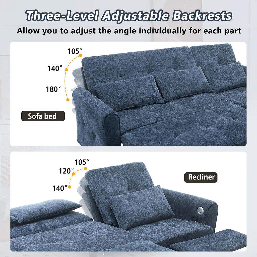 Merax 2-in-1 Convertible Sofa Bed & Recliner Sofa, 82' 3-Seater Sofa, Pull-Out Sleeper Sofa, 3 Level Adjustable Backrest, Reversible Left/Right, with USB Charging Ports, Easy to Assemble (Blue)