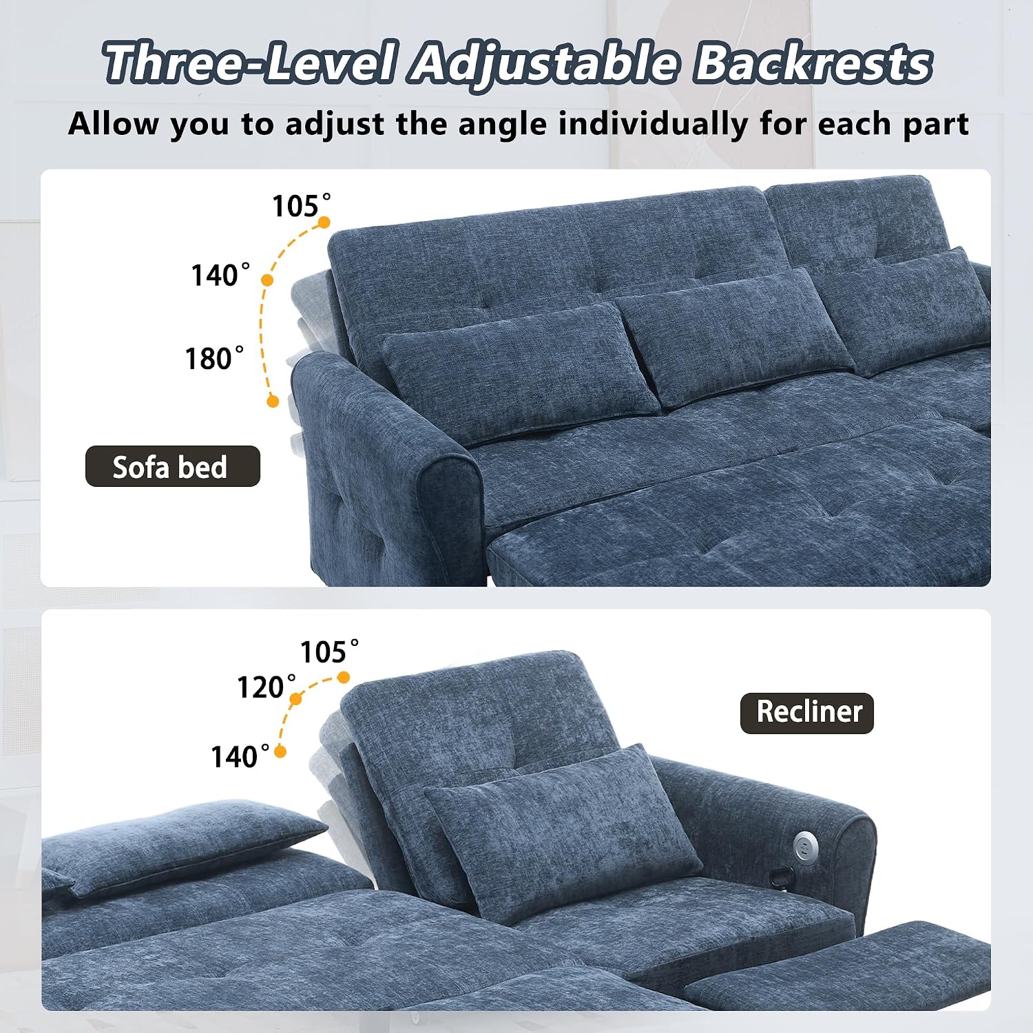 Merax 2-in-1 Convertible Sofa Bed & Recliner Sofa, 82' 3-Seater Sofa, Pull-Out Sleeper Sofa, 3 Level Adjustable Backrest, Reversible Left/Right, with USB Charging Ports, Easy to Assemble (Blue)