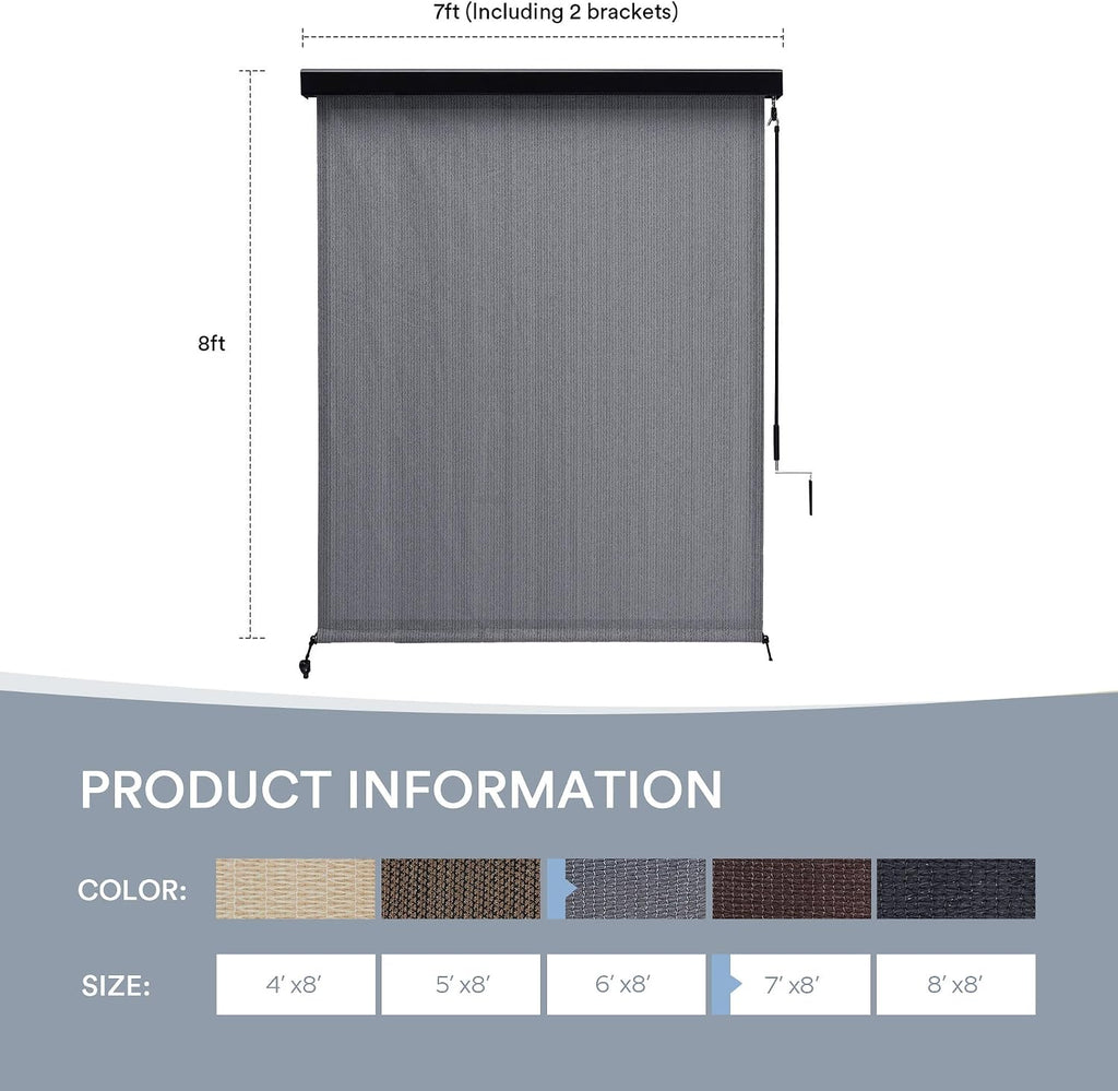 Outdoor Roller Shade, Exterior Patio Cordless Blinds with Aluminum Valance Roll Up Shades for Porch Balcony Backyard (7' W X 8' L), Anthracite Grey