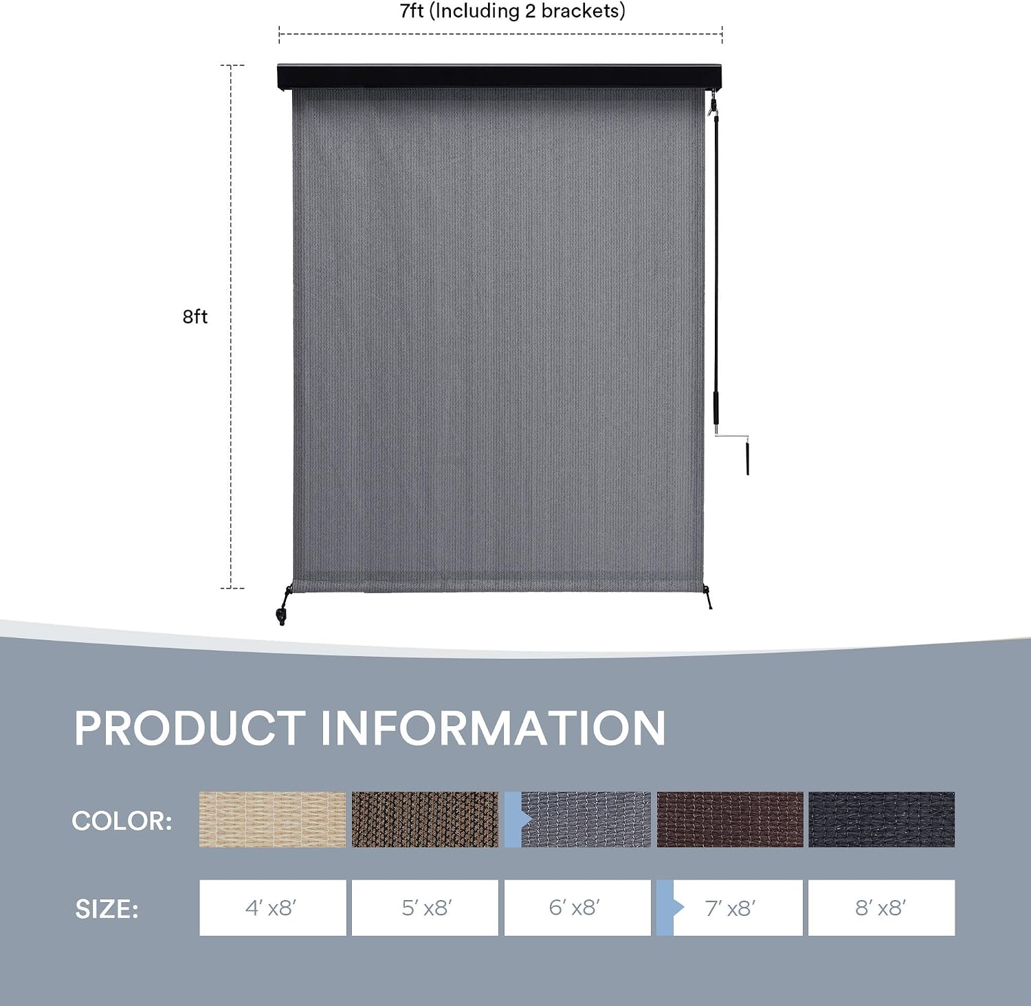 Outdoor Roller Shade, Exterior Patio Cordless Blinds with Aluminum Valance Roll Up Shades for Porch Balcony Backyard (7' W X 8' L), Anthracite Grey
