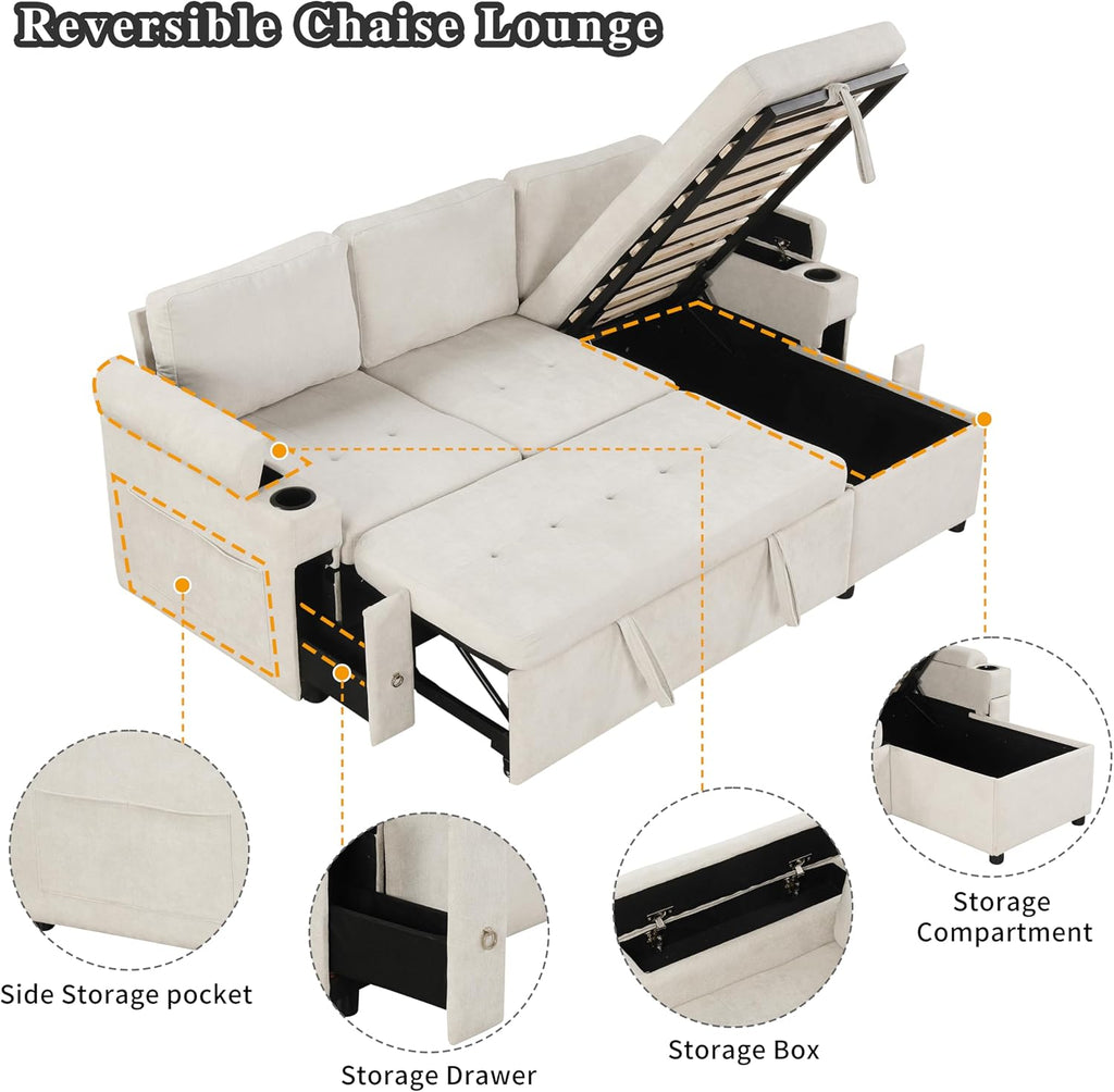 Merax Modern 83.5' L-Shaped Sectional Sofa with Pull-Out Sleeper Bed, USB Ports & Cup Holders, Chenille 3-Seat Couch with Storage Chaise Lounge, Side Pocket & Drawers for Living Room, Beige