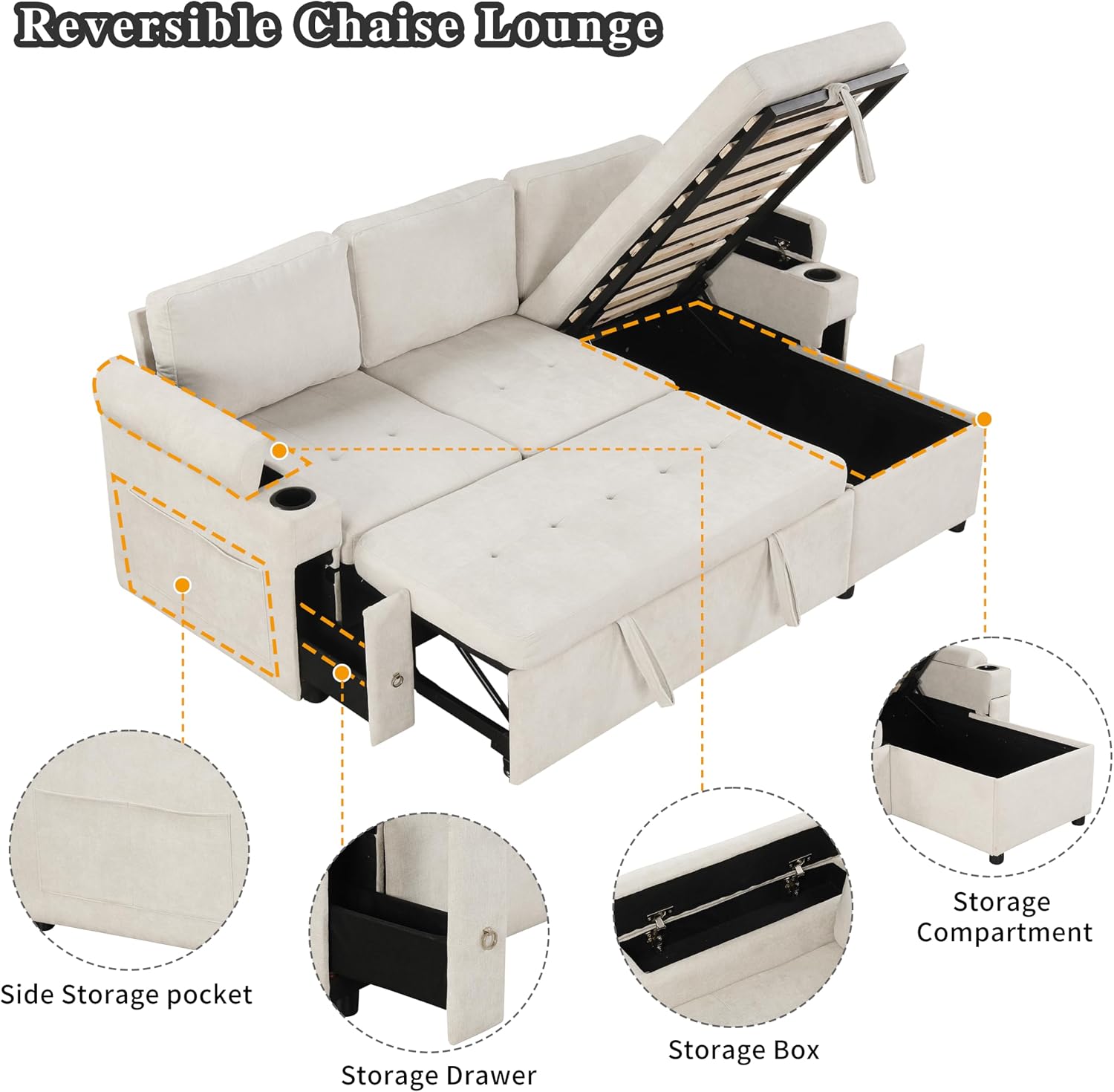 Merax Modern 83.5' L-Shaped Sectional Sofa with Pull-Out Sleeper Bed, USB Ports & Cup Holders, Chenille 3-Seat Couch with Storage Chaise Lounge, Side Pocket & Drawers for Living Room, Beige