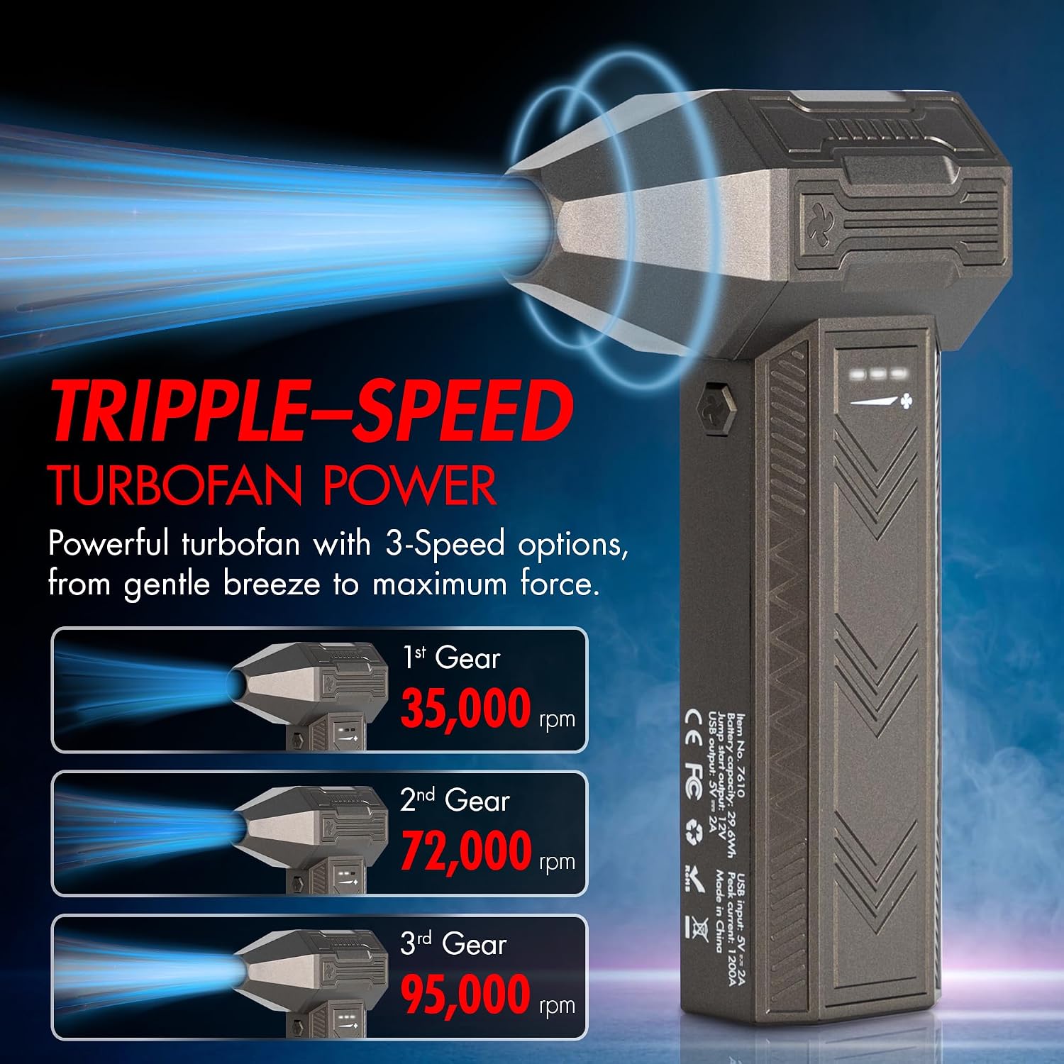 Wagan EL7610 iOnBoost V8 Jet 1200A Peak Jump Starter with Turbo Air Blower 12V Portable Lithium Car Battery Up to 4.0L V8 or 2.0L Diesel 95,000RPM Cordless Jet Blower Power Bank, for Car Home Use