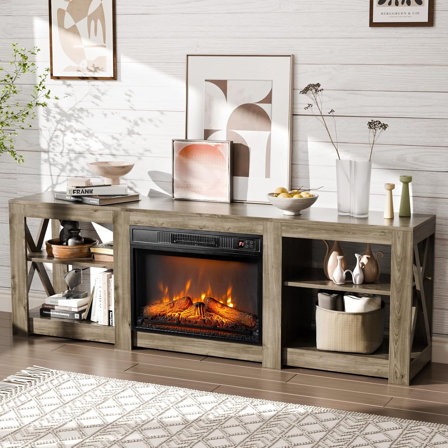Bonnlo Fireplace TV Stand for TVs up to 80', Rustic Farmhouse Entertainment Center with Electric Heater & Adjustable Shelves, TV Console with Fireplace for Living Room, Gray Oak