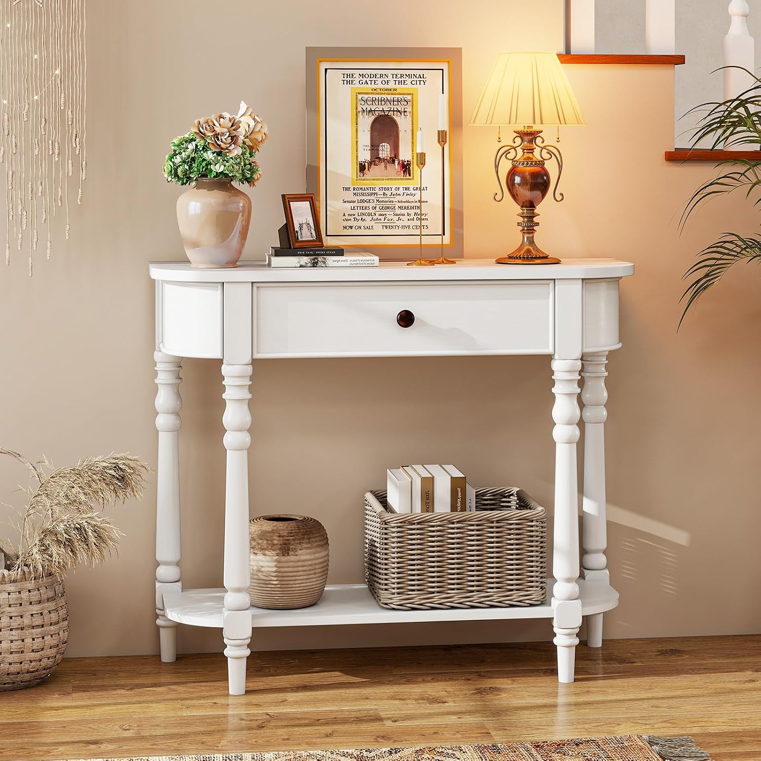 Giantex 2-Tier Narrow Console Table, 36' White Entryway Table with Storage Drawer & Elegant Legs, Wooden Sofa Table with Open Shelf for Living Room, Foyer, Hallway, Bedroom, Entrance