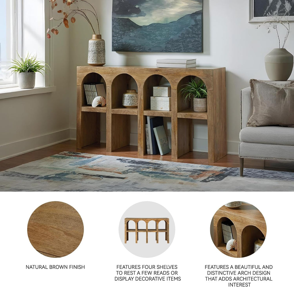 Signature Design by Ashley Luzmanacy Casual Solid Mango Wood Console Sofa Table with Shelf, Light Brown