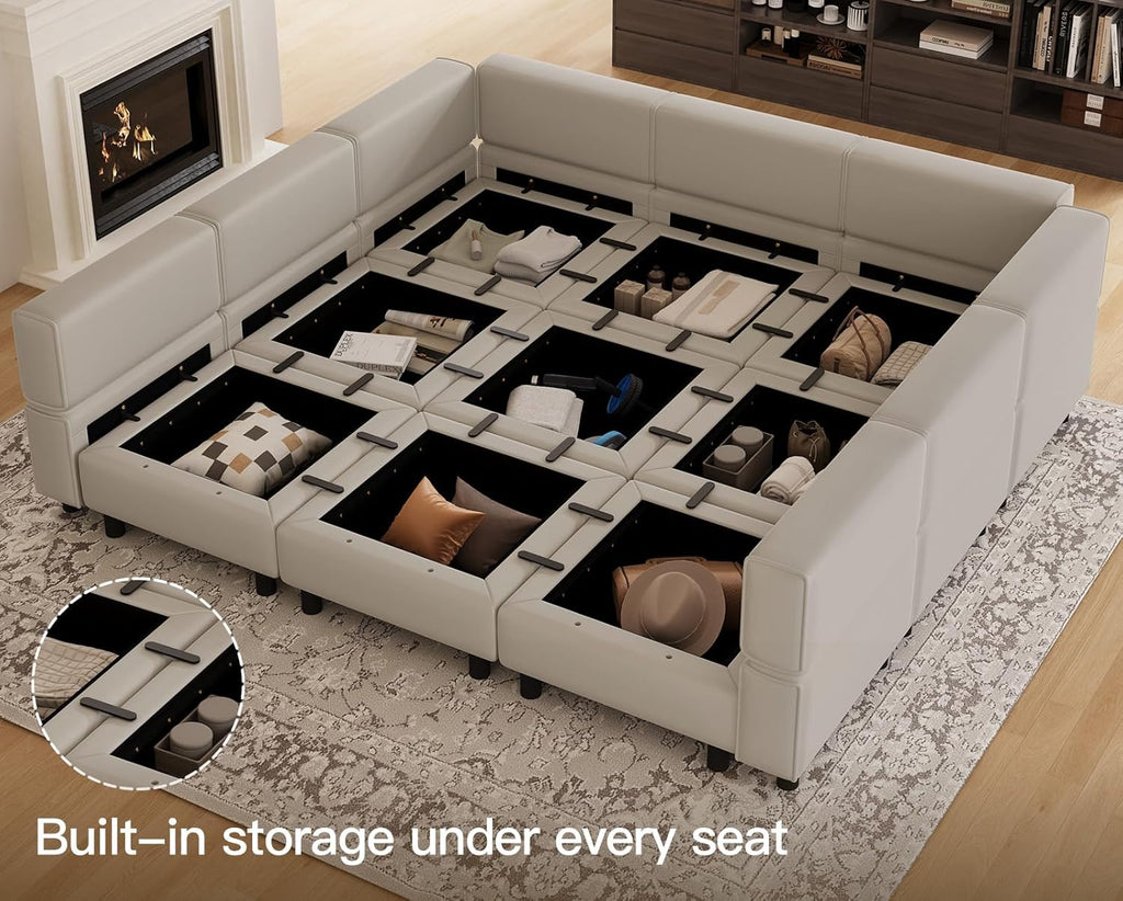 Belffin 88.6' 9 Seat Modular Sectional Sofa,Comfy Couch with Deep Storage Seat,Convertible Modular Sleeper Sofa with Movable Ottoman Chaise,Upholstered Sectional Couches for Living Room,Grey Velvet