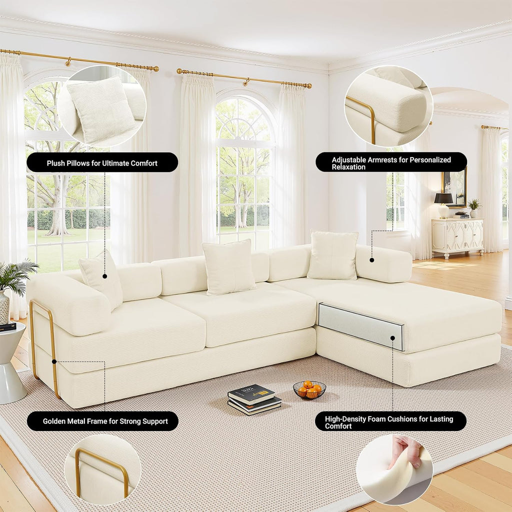 ivoros 108' Oversized Convertible Sleeper Sofa Bed, Corduroy L Shape Sectional Couch, Folding Sofa Bed with Fixed-Shape Frame, Modern Cloud Floor Mattress Couch, Modular Sofa for Living Room, Beige