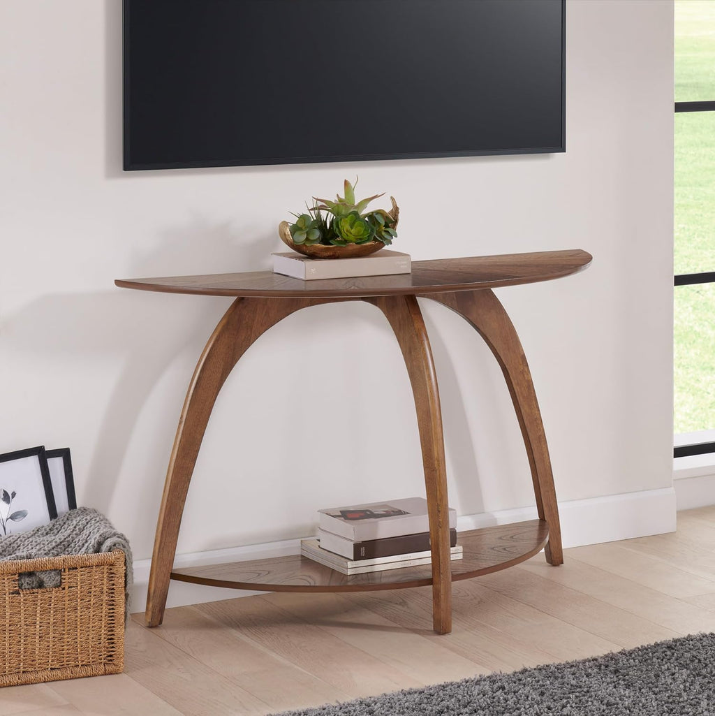 Martin Svensson Home LAX Retro Mid-Century Modern Half-Moon Wood Sofa Table with Lower Shelf, Console Table for Living Room or Entryway. Nutmeg Brown.