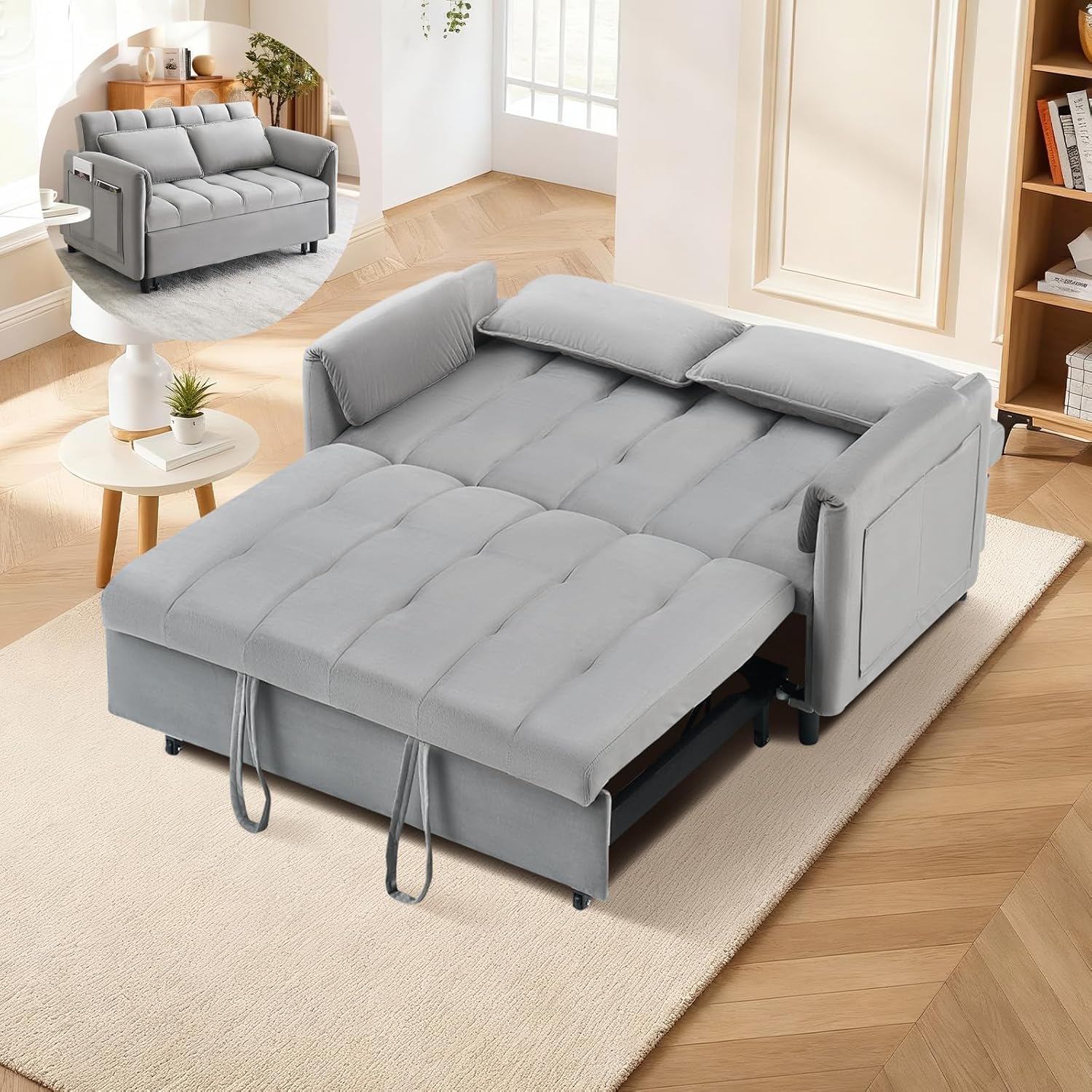 CAPCAEK 3 in 1 Convertible Sleeper Sofa Bed, Modern Velvet Loveseat Pull-Out Couch w/Pullout Bed, Small Love Seat Lounge Sofa w/Reclining Backrest,Toss Pillows, Pockets, for Living Room