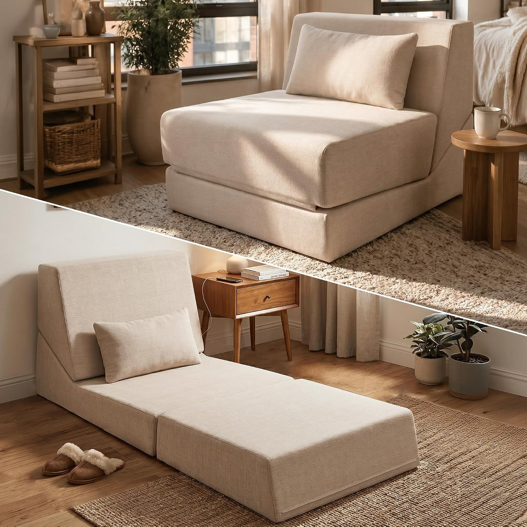 Fold Out Chair Bed, Folding Sofa Bed with High-Density Support Foam, Portable 3 in 1 Convertible Chair Bed Sleeper for Adults, Versatile Floor Couch for Living Room Bedroom, White | Washable Cover, Sleeper Chair, Folding Sofa Bed