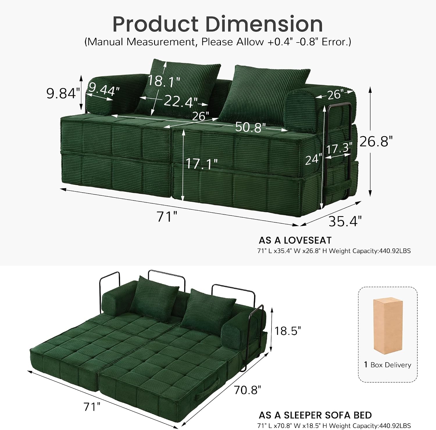 Korser Folding Convertible Sofa Bed, Corduroy Upholstered Boneless Couch, Small Sectional Cloud Couch, Loveseat Sleeper Sofa, Modular Futon Floor Sofa Couch for Living Room, No Assembly