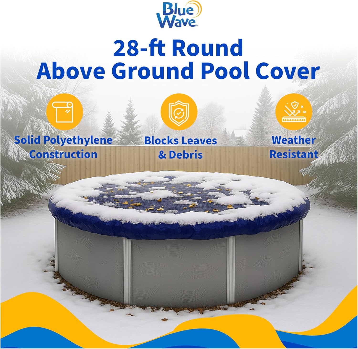 Blue Wave Gold 15-Year 28 ft Round Above Ground Pool Cover for Winter– Durable & Weather-Resistant Polyethylene – 4 ft Overlap, Black Underside, Reinforced Grommets, Winch, Cable – Royal Blue