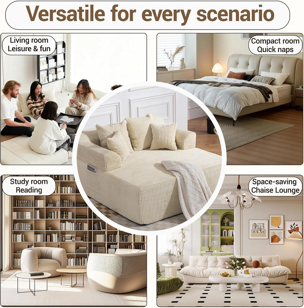 58' Chaise Lounge Chair Indoor, Beige - Oversized Corduroy Boneless Sleeper Sofa Bed with Armrests and 4 Pillows, No Assembly for Living Room