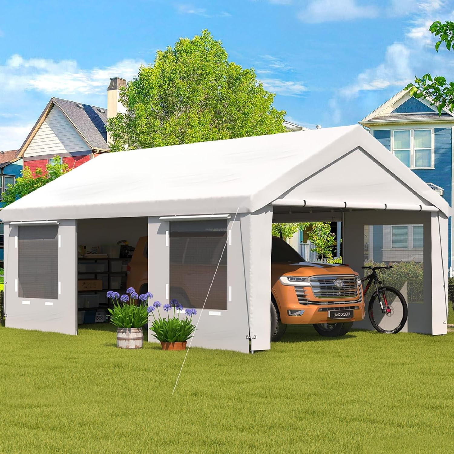 EROMMY 13' x 20' Heavy Duty Carport, Portable Garage with Removable Sidewalls, Shelter with Roll-Up Windows, All-Season Car Canopy for Truck, Boat, Tractor, White