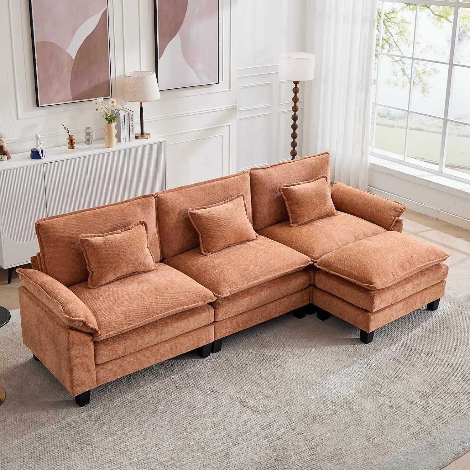 Oprisen 120' Modular Sectional Sofa, Comfy Cloud Couch Sectional Sofa with Ottoman, Chenille Sofa Sleeper Deep Seat Sofa with Throw Pillows for Living Room (Orange, 120'- L Shape)