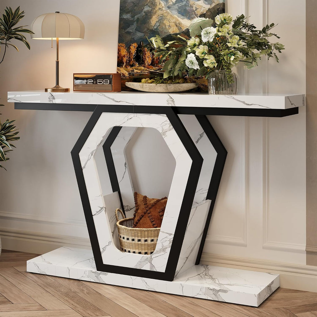 FUSUNBAO 47.3' Console Table,Openwork Bracket Sofa Table, Wood Narrow Entryway Table for Hallway, Behind The Couch, Living Room, Foyer, Easy Assembly（White Marble Texture）