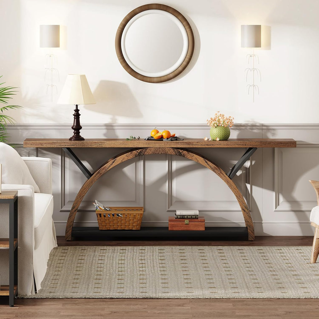 Tribesigns 70.87' Console Table with Storage Shelf, Narrow Long Sofa Table Behind Couch Table, 2-Tier Rustic Entryway Table with Half Moon Frame for Hallway Living Room (Brown & Black)