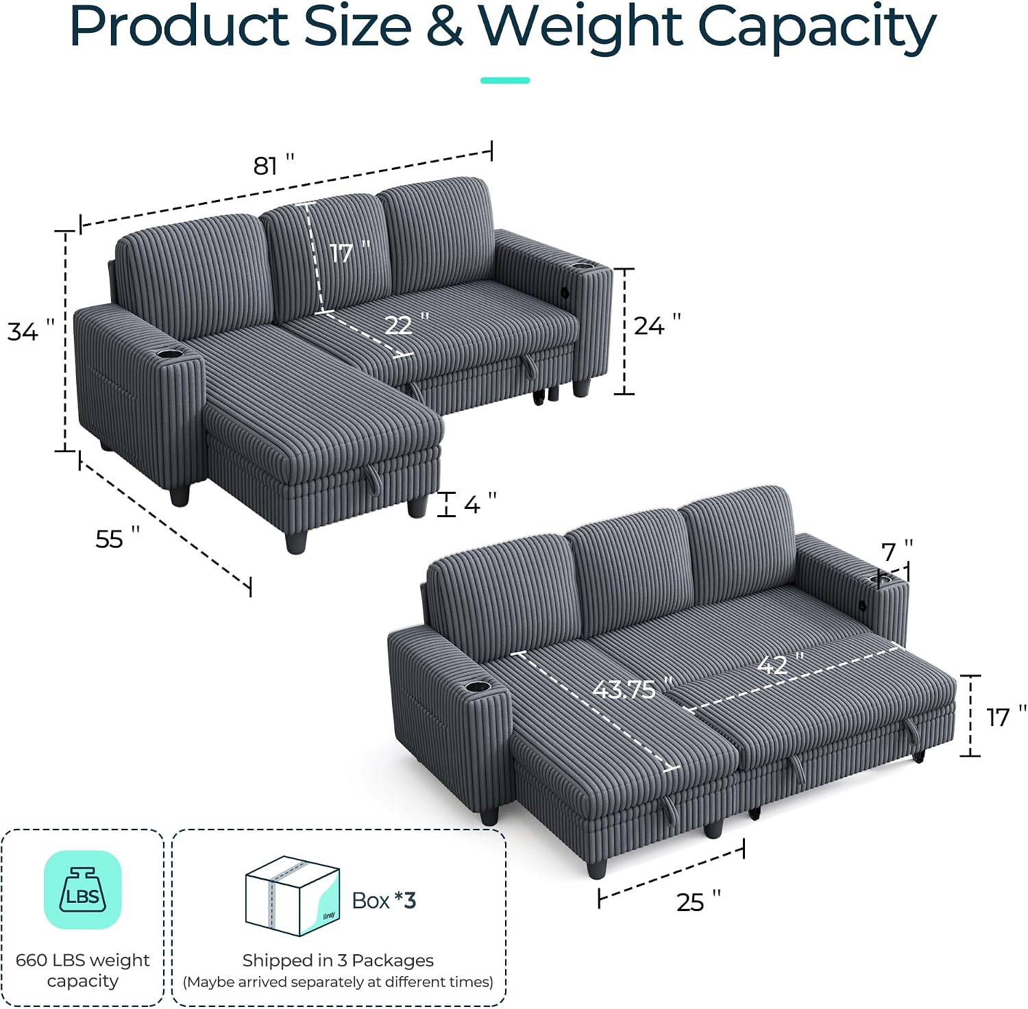 LINSY Home Sleeper Sofa Couch with Storage Chaise & USB Charging, Convertible Sectional Pull Out Sofa Bed with Plush Corduroy Fabric, Modular Sectional Couches for Living Room Apartment (Grey)