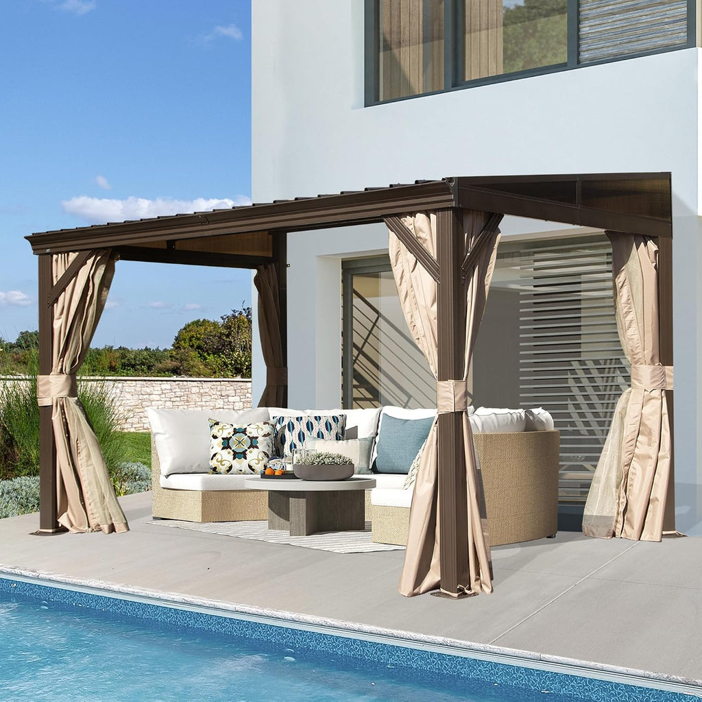 Domi 8x12FT Lean to Gazebo, Hardtop Wall Mounted Gazebo with Sloping Galvanized Steel Roof, Aluminum Frame, Drainage System, Curtains and Netting, for Patio, Deck, Garden, Backyard
